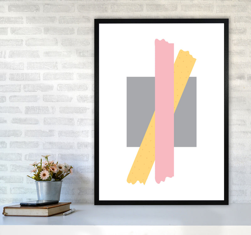 Grey Square With Pink And Yellow Bow Abstract Modern Print A1 White Frame