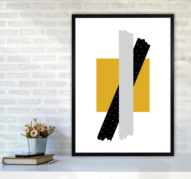 Yellow Square With Grey And Black Bow Abstract Modern Print A1 White Frame