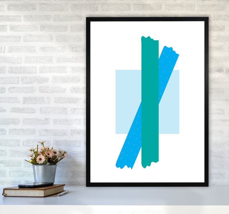 Blue Square With Blue And Teal Bow Abstract Modern Print A1 White Frame
