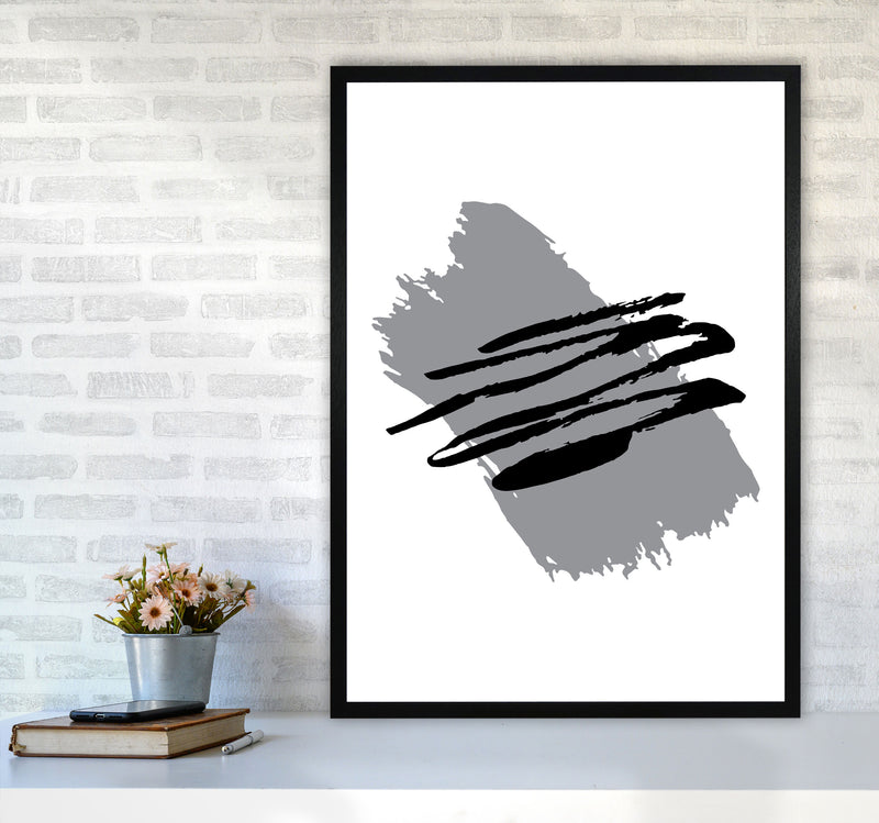 Grey Jaggered Paint Brush Abstract Modern Print A1 White Frame