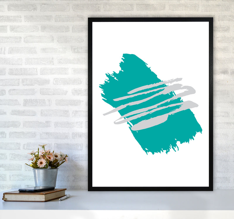 Teal Jaggered Paint Brush Abstract Modern Print A1 White Frame
