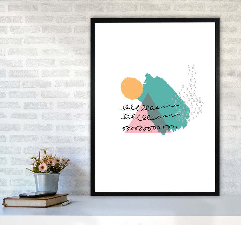 Pink And Teal Mountain Sun Abstract Modern Print A1 White Frame