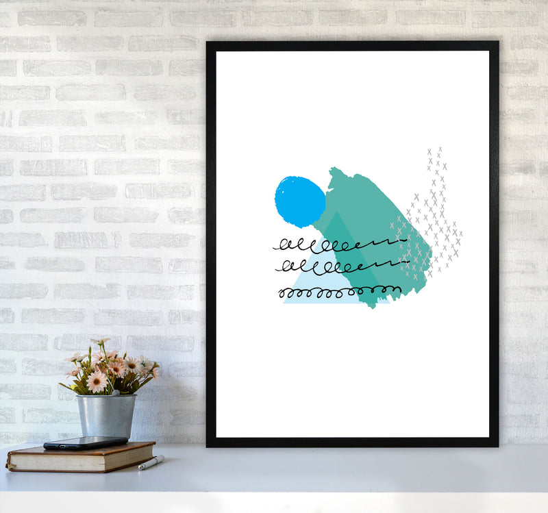 Teal And Blue Mountain Sun Abstract Modern Print A1 White Frame