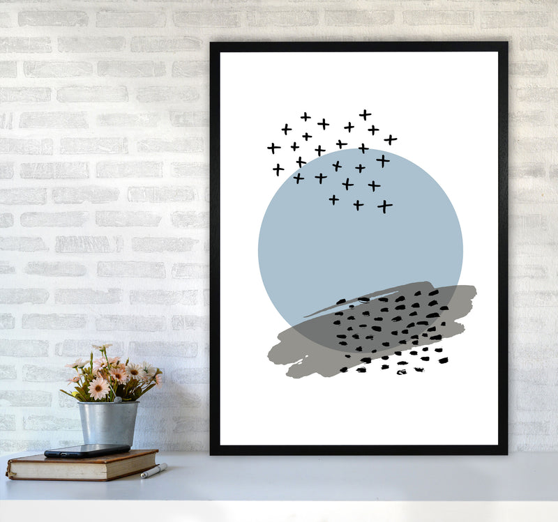 Blue Abstract Circle With Black Dashes Modern Print A1 White Frame