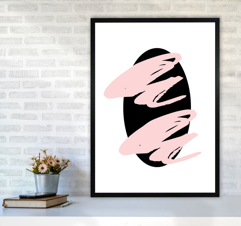 Abstract Black Oval With Pink Strokes Modern Art Print A1 White Frame