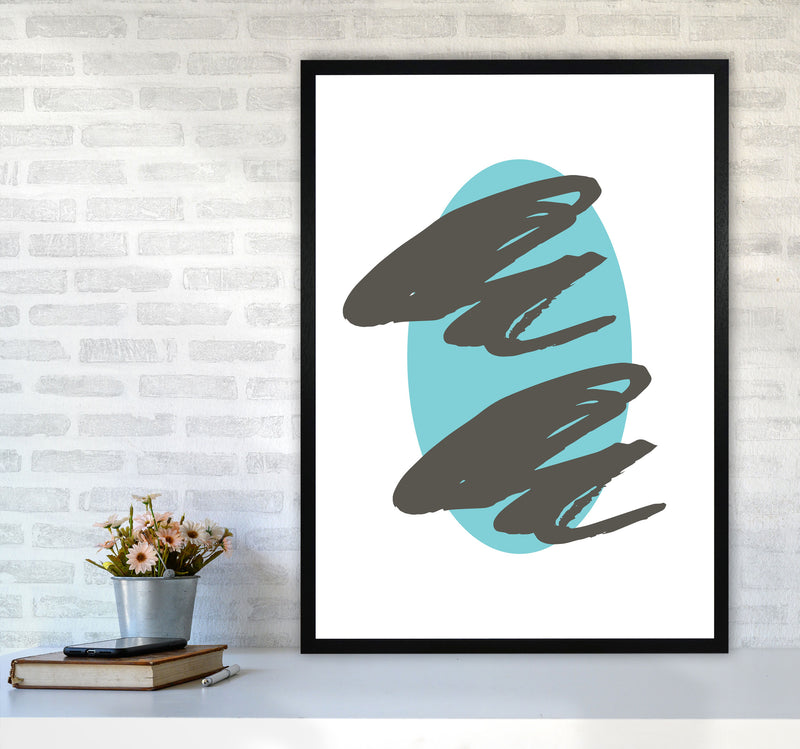 Abstract Teal Oval With Brown Strokes Modern Print A1 White Frame