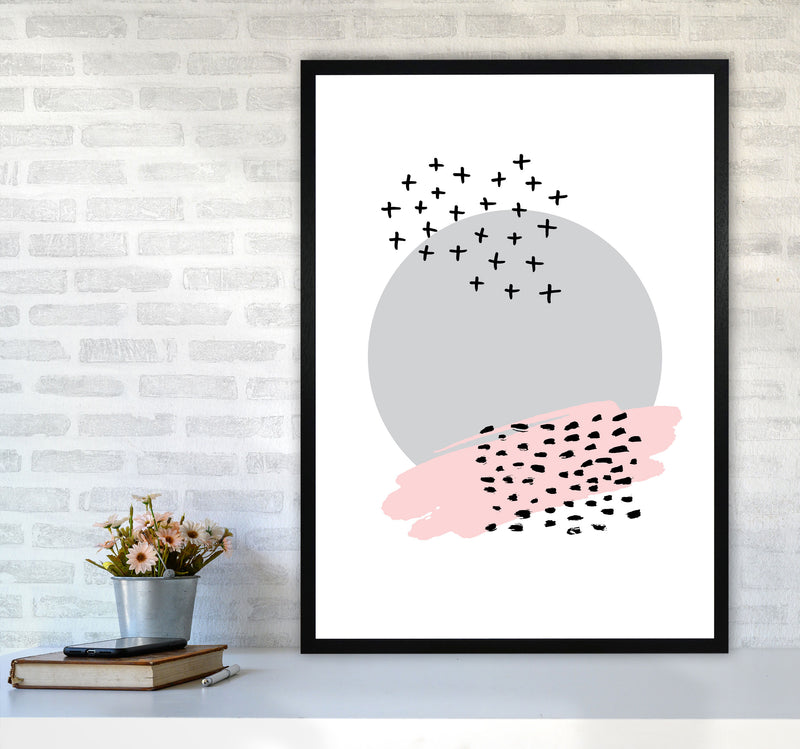 Abstract Grey Circle With Pink And Black Dashes Modern Print A1 White Frame