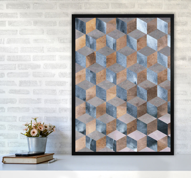 Blue, Grey And Brown Abstract Watercolour Box Modern Print A1 White Frame