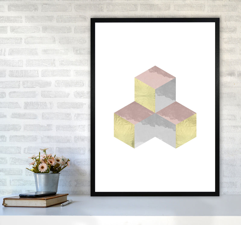 Gold, Pink And Grey Abstract Cubes Modern Print A1 White Frame