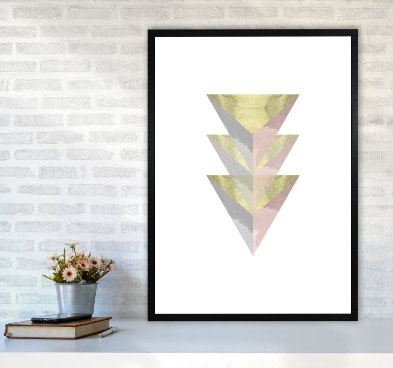 Gold, Pink And Grey Abstract Triangles Modern Print A1 White Frame