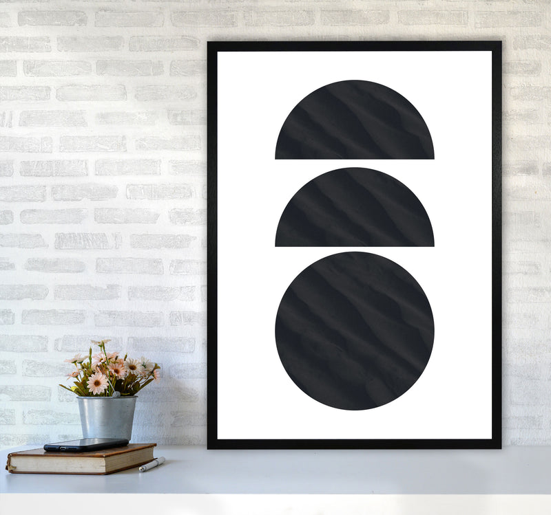 Abstract Black Textured Circles Modern Print A1 White Frame