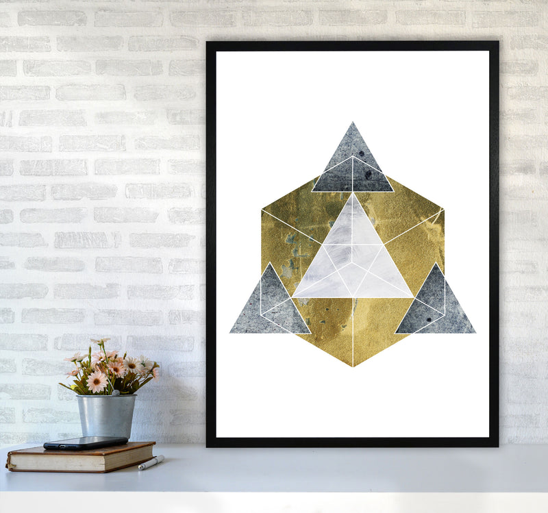 Gold Cube And Grey Geo Abstract Modern Print A1 White Frame