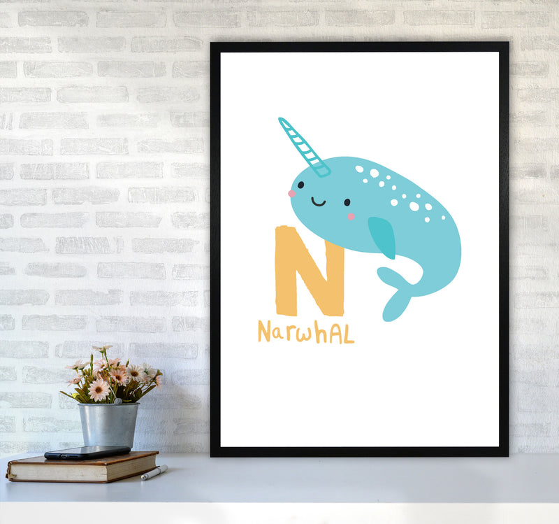 Alphabet Animals, N Is For Narwhal Framed Nursey Wall Art Print A1 White Frame