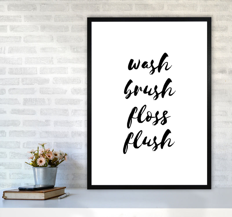 Wash Brush Floss Flush, Bathroom Modern Print, Framed Bathroom Wall Art A1 White Frame