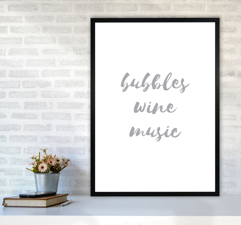Bubbles Wine Music Grey, Bathroom Framed Typography Wall Art Print A1 White Frame