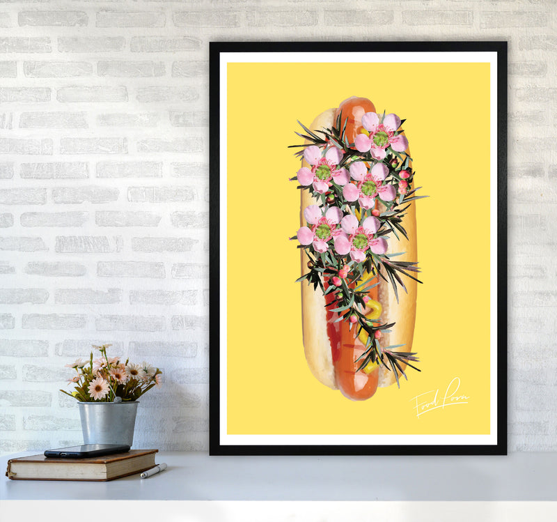Yellow Hot Dog Food Print, Framed Kitchen Wall Art A1 White Frame