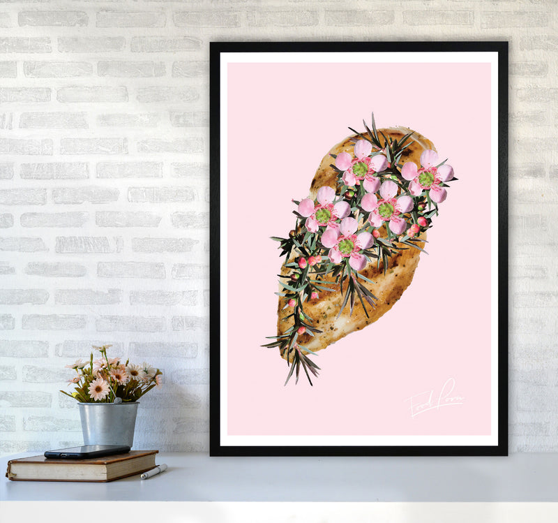 Pink Chicken Floral Food Print, Framed Kitchen Wall Art A1 White Frame