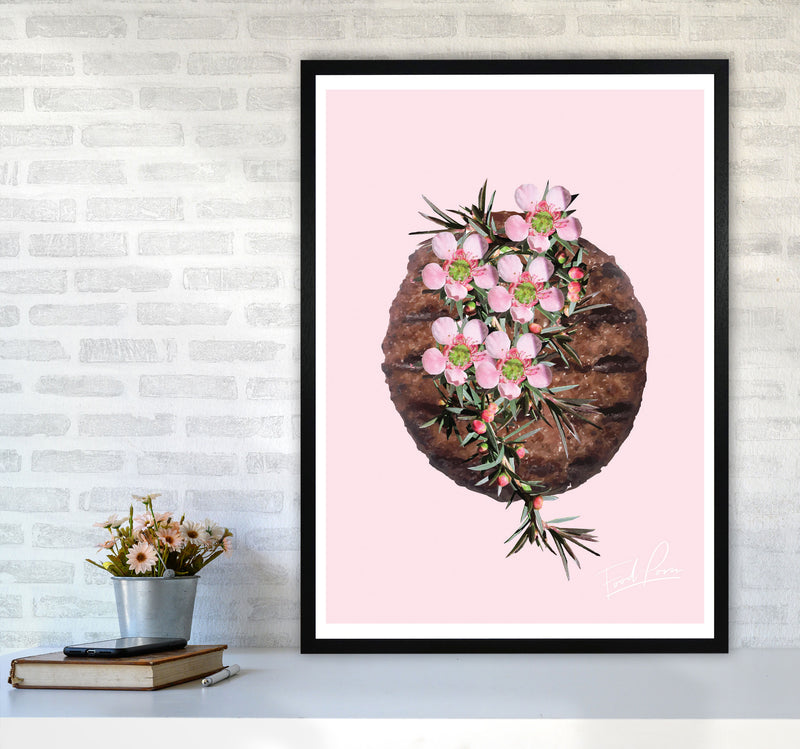 Pink Burger Floral Food Print, Framed Kitchen Wall Art A1 White Frame