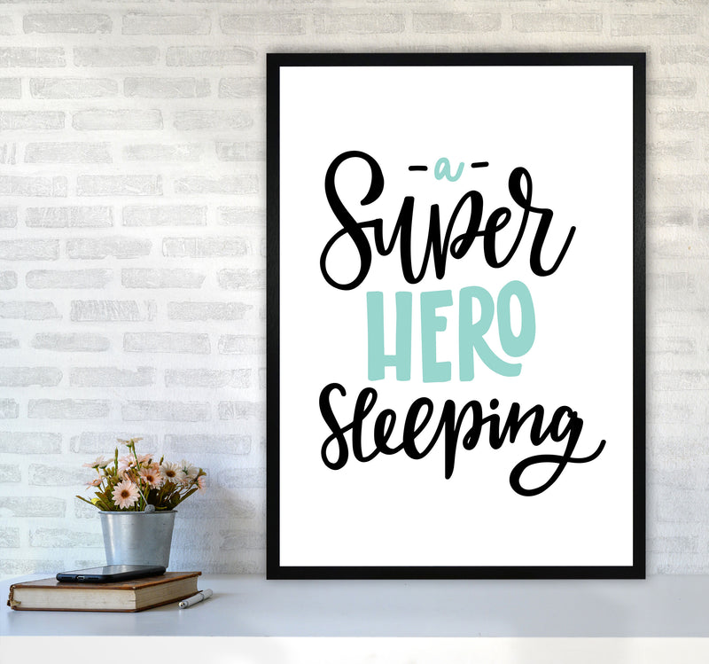 Superhero Sleeping Mint And Black Framed Nursey Wall Art Print A1 White Frame