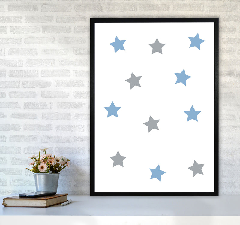 Blue And Grey Stars Framed Nursey Wall Art Print A1 White Frame