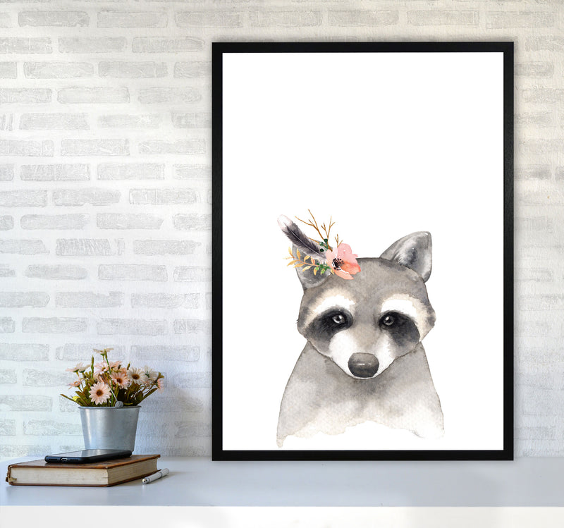 Forest Friends, Floral Cute Raccoon Modern Print Animal Art Print A1 White Frame