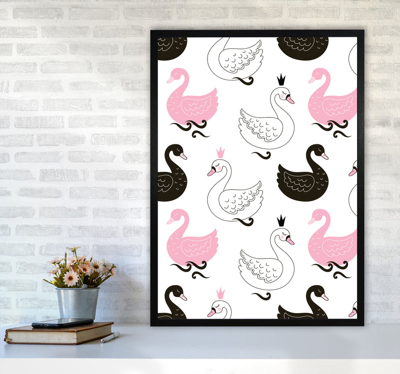 Pink Black And White Swan Pattern Modern Print Animal Art Print A1 White Frame