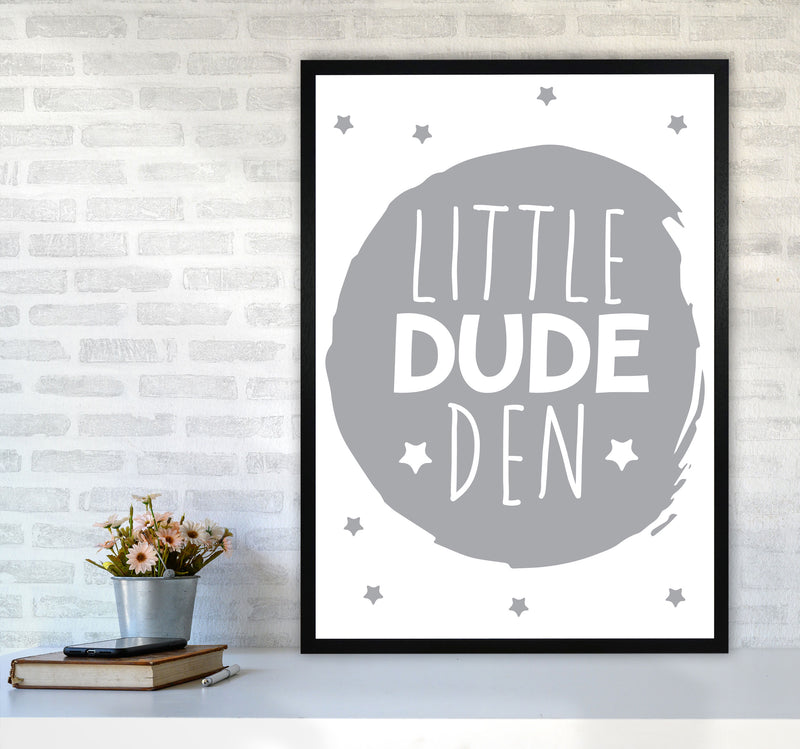 Little Dude Den Grey Circle Framed Nursey Wall Art Print A1 White Frame