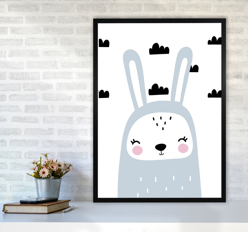 Blue Scandi Bunny With Clouds Modern Print Animal Art Print A1 White Frame