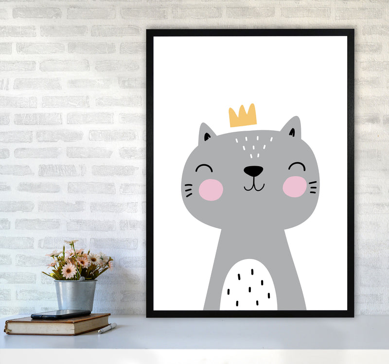 Grey Scandi Cat With Crown Modern Print Animal Art Print A1 White Frame