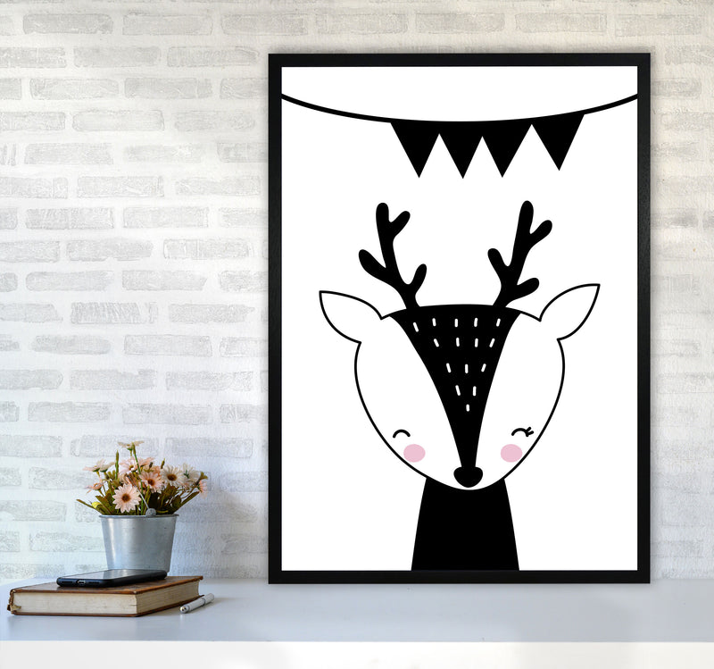 Scandi Black Deer With Banner Framed Nursey Wall Art Print A1 White Frame
