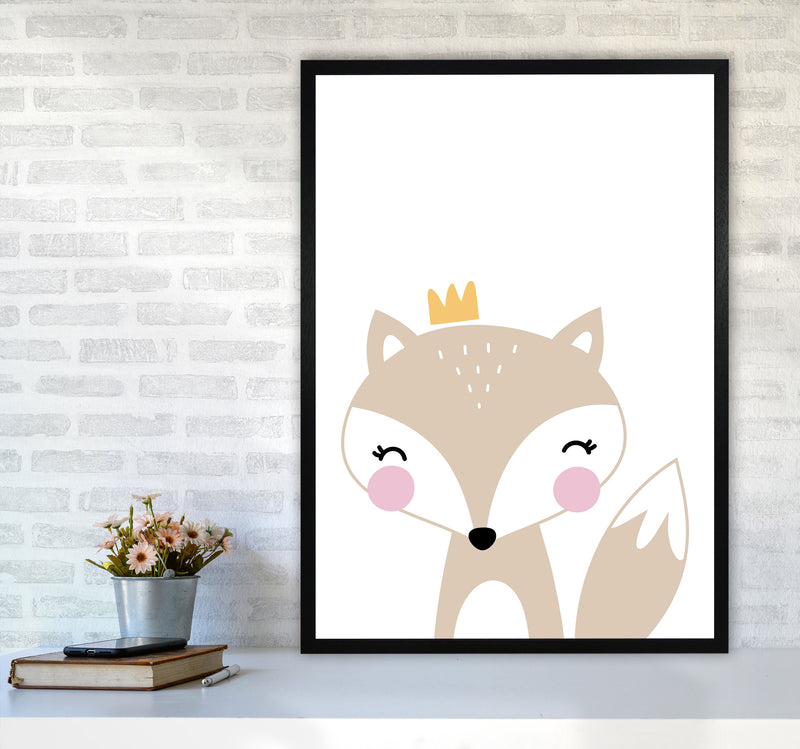 Scandi Beige Fox With Crown Framed Nursey Wall Art Print A1 White Frame