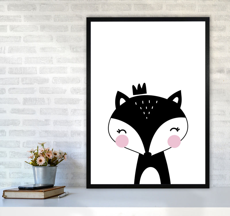 Scandi Black Fox With Crown Framed Nursey Wall Art Print A1 White Frame