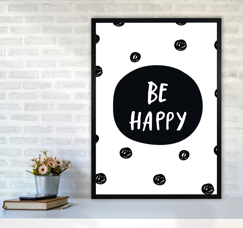 Be Happy Polka Dot Framed Typography Wall Art Print A1 White Frame