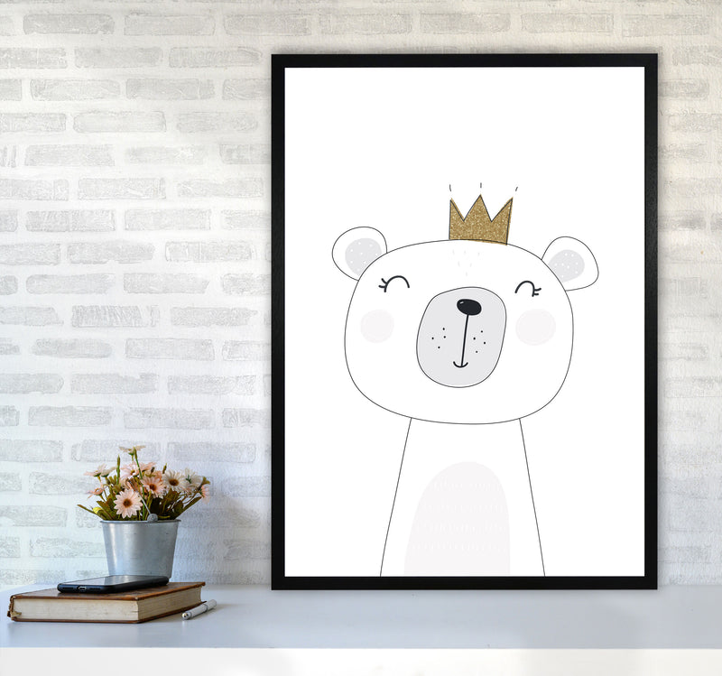 Scandi Cute Bear With Crown Framed Nursey Wall Art Print A1 White Frame