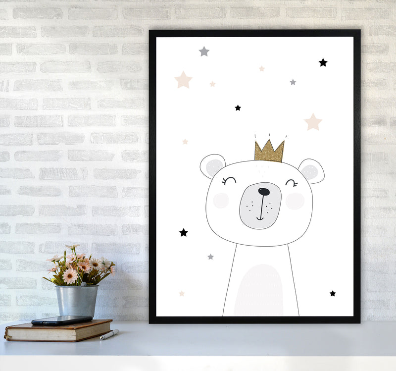Scandi Cute Bear With Crown And Stars Print, Framed Childrens Wall Art A1 White Frame