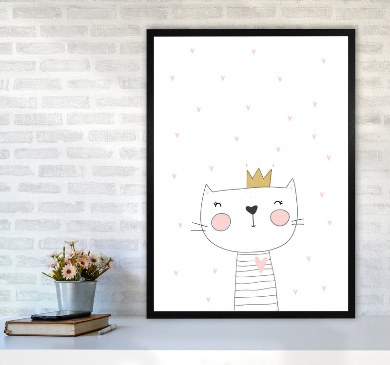 Scandi Cute Cat With Crown And Stars Framed Nursey Wall Art Print A1 White Frame