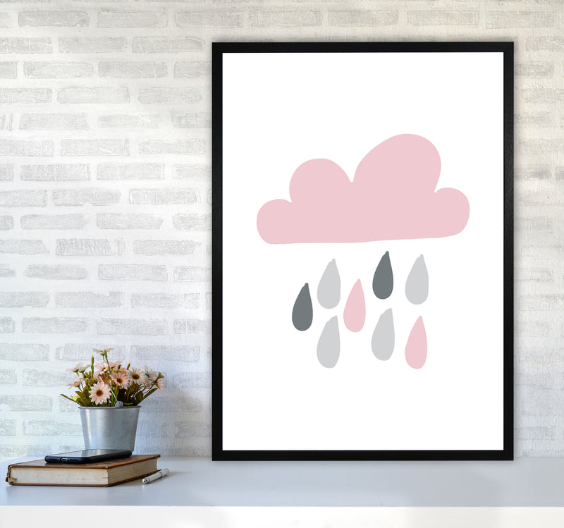 Pink And Grey Rain Cloud Framed Nursey Wall Art Print A1 White Frame