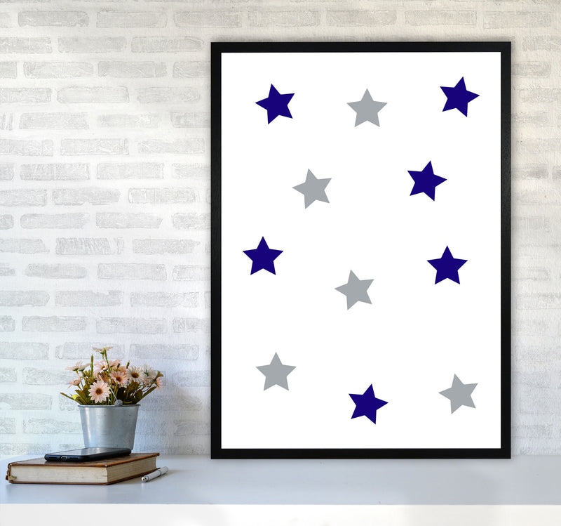 Navy And Grey Stars Modern Print A1 White Frame