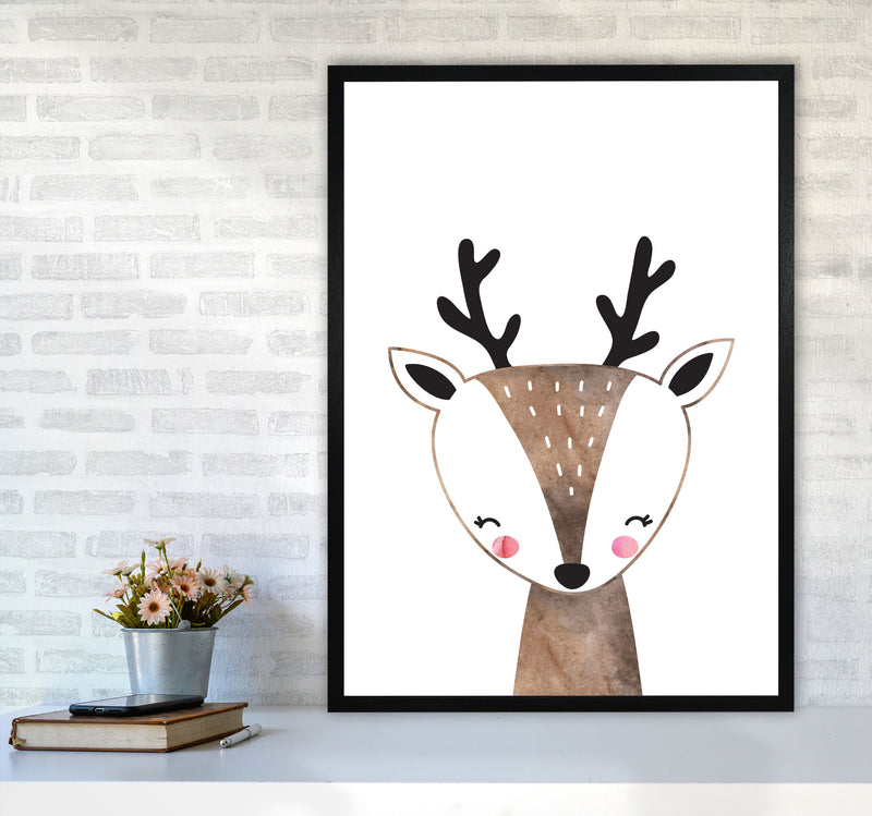 Scandi Brown Deer Watercolour Framed Nursey Wall Art Print A1 White Frame