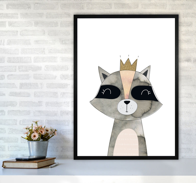 Scandi Grey Raccoon Watercolour Framed Nursey Wall Art Print A1 White Frame