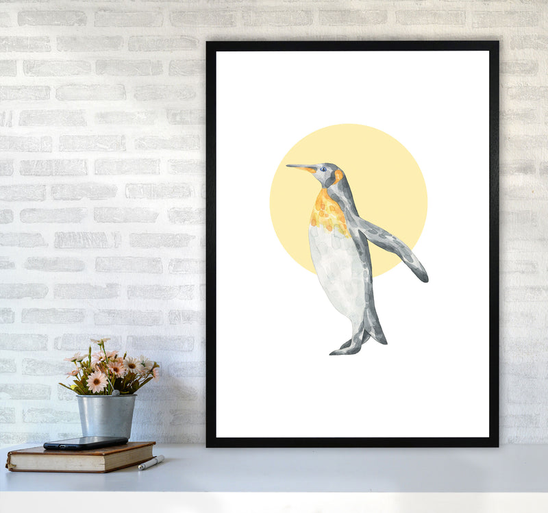 Watercolour Penguin With Yellow Circle Modern Print, Animal Art Print A1 White Frame