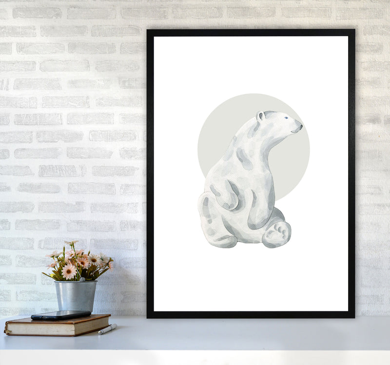 Watercolour Polar Bear With Grey Circle Modern Print, Animal Art Print A1 White Frame
