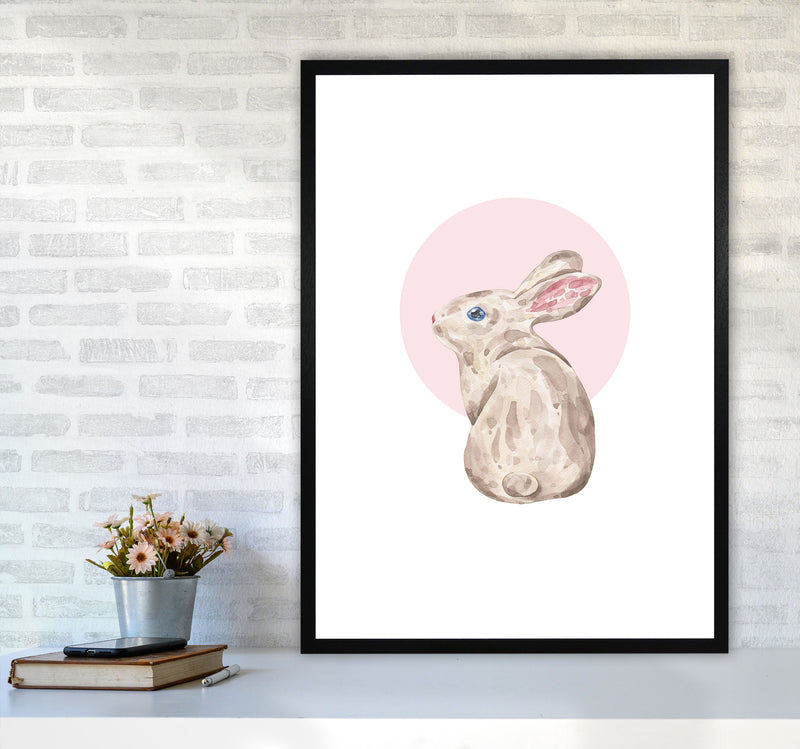 Watercolour Bunny With Pink Circle Modern Print, Animal Art Print A1 White Frame