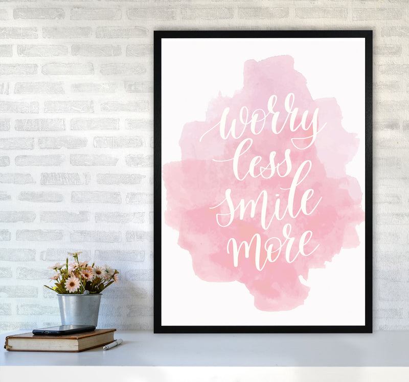 Worry Less Smile More Pink Watercolour Modern Print A1 White Frame