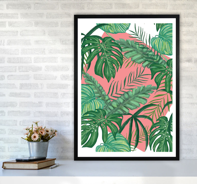 Abstract Leaves With Pink Background Modern Print, Framed Botanical Nature Art A1 White Frame