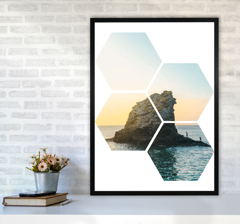 Abstract Hex Island And Sea Modern Print A1 White Frame