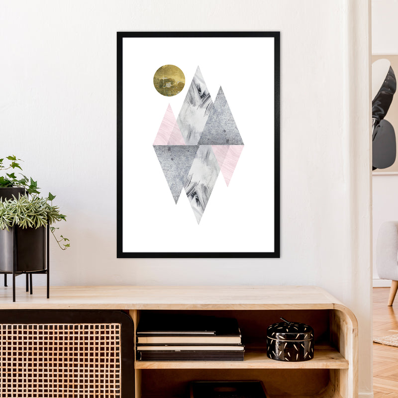 Luna Pink And Grey Diamonds With Gold Moon  Art Print by Pixy Paper A1 White Frame