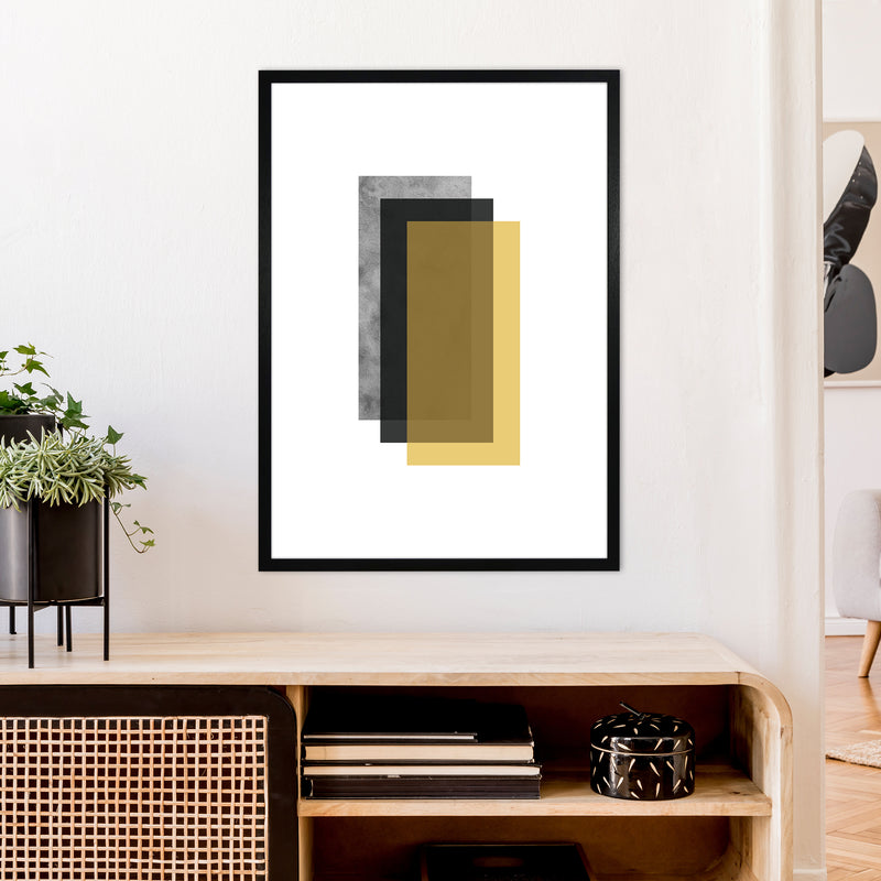 Geometric Mustard And Black Rectangles  Art Print by Pixy Paper A1 White Frame
