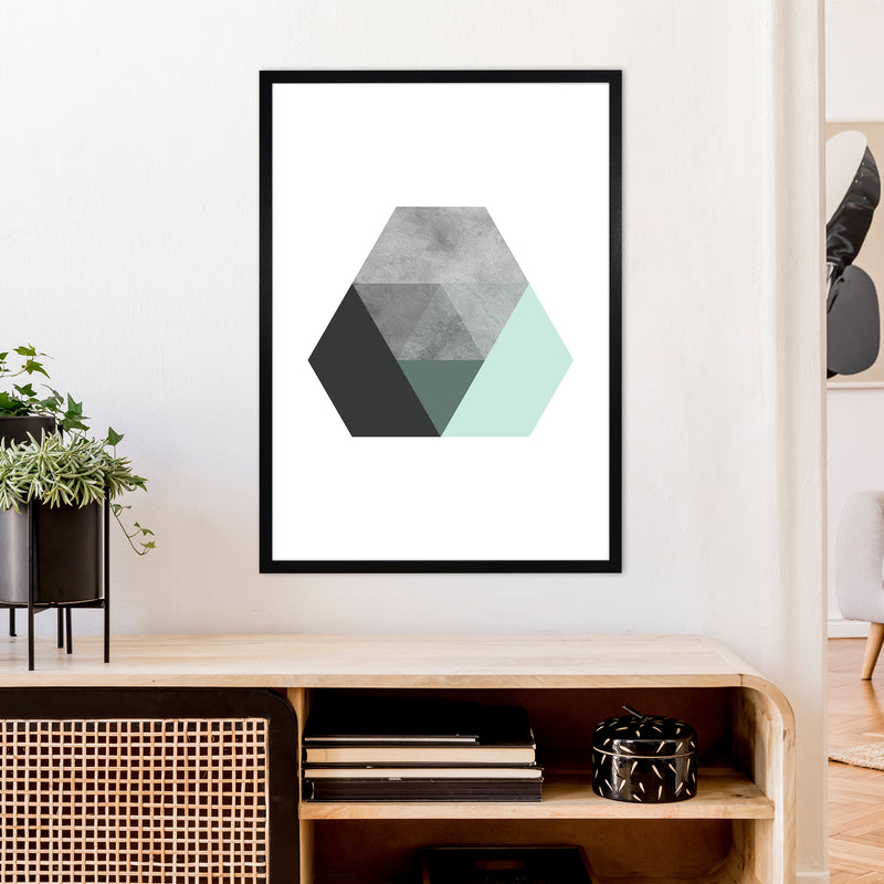 Geometric Mint And Black Hexagon  Art Print by Pixy Paper A1 White Frame