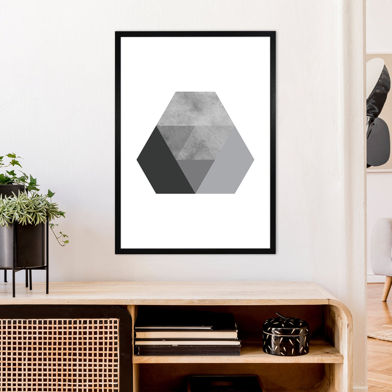 Geometric Grey And Black Hexagon  Art Print by Pixy Paper A1 White Frame